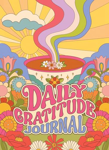Colorful journal cover with a steaming cup and floral design.