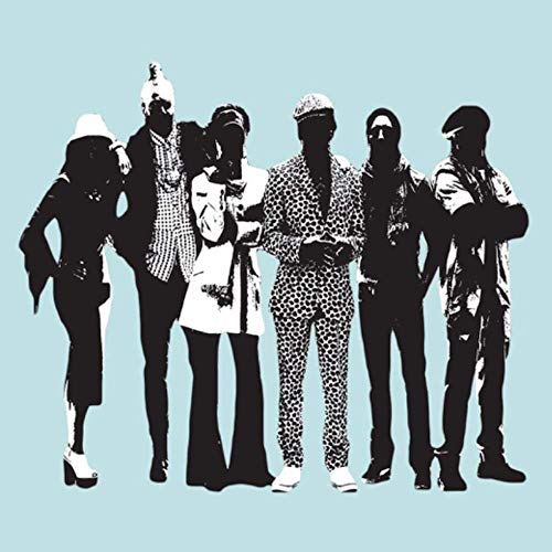 Silhouettes of seven people standing together against a light blue background.