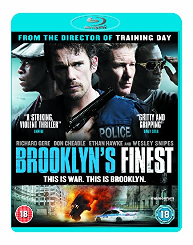 Brooklyn's Finest" Blu-ray cover featuring police officers and city explosion.