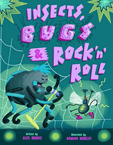 Colorful book cover with insects, musical notes, and possibly a guitar or stage.