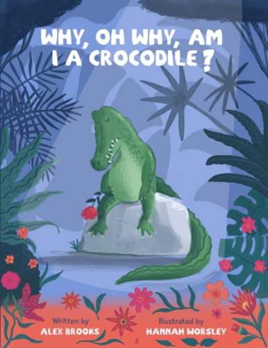 Green crocodile sits sadly on a rock amidst lush jungle foliage.