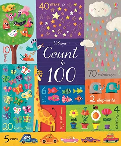 Cover of Count to 100 book featuring colorful illustrations of animals, plants, and objects.