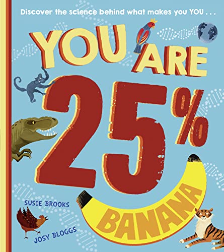 Book cover titled You Are 25% Banana with illustrations of animals and DNA strands.