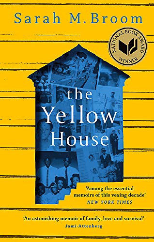 Book cover with a yellow background and a collage of family photos shaped like house.