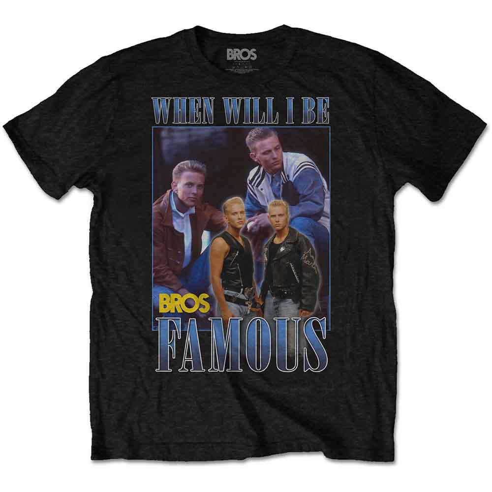 Black t-shirt with a collage of four men and “BROS” text.