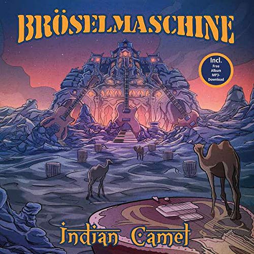 "Album cover art featuring camels and a futuristic, fantasy structure with orange text."