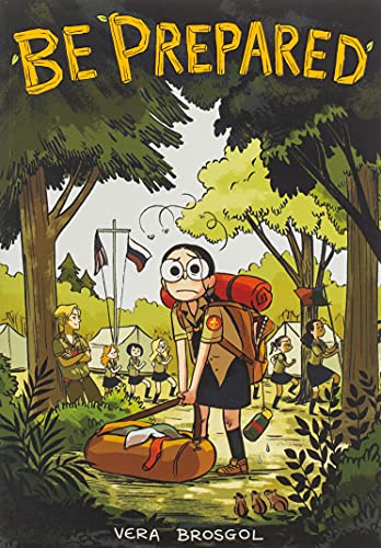 A girl with a large backpack stands in a forest camp with other children.