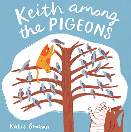 Orange cat in a tree with blue pigeons, book cover illustration.