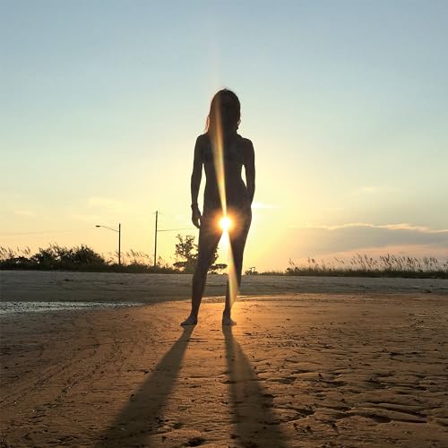 Silhouette of a person facing a bright sunset over grassy fields.