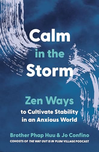 Book cover titled Calm in the Storm with abstract white brushstrokes on dark blue.