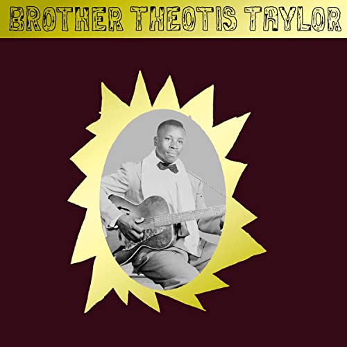 Black and white portrait of Brother Theotis Taylor playing guitar inside a gold starburst.