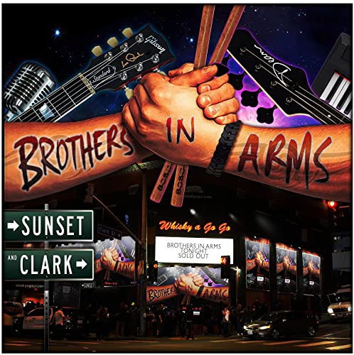 CD cover for “Brothers In Arms” featuring instruments, hands, and a city street.