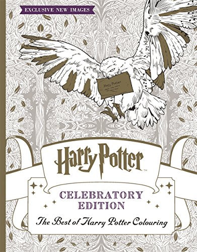 "Harry Potter Celebratory Edition colouring book cover featuring an owl with a letter."