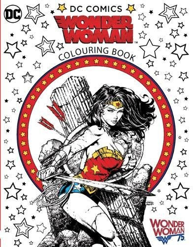 The image depicts the cover of a "Wonder Woman Colouring Book." The cover features a black and white illustration of Wonder Woman in a dynamic pose, wielding a sword and surrounded by a red circle with yellow stars. She is dressed in her iconic costume, complete with a tiara, flowing hair, and a determined expression. The background of the cover is white, adorned with numerous black and yellow stars scattered throughout. At the top, the title "DC COMICS WONDER WOM