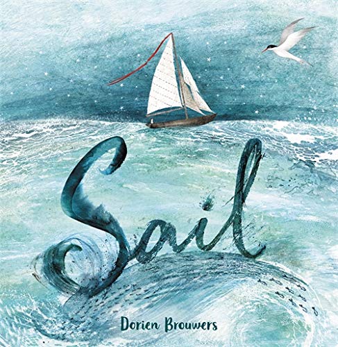 Watercolor illustration of a small sailboat on a wavy, blue sea.