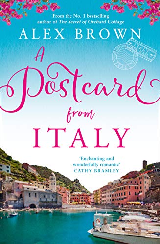 Book cover: "A Postcard from Italy" with a coastal Italian village scene.