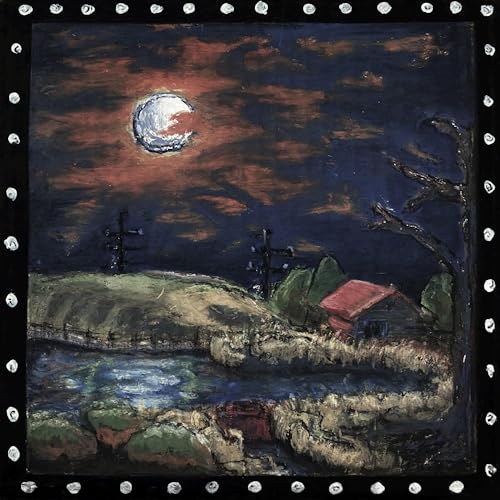 Painted landscape with a moon, trees, and a small building.