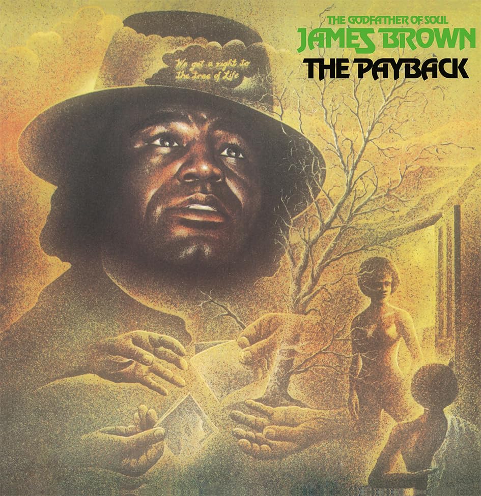 Vinyl record sleeve with James Brown's name and album title, The Payback, on black vinyl.