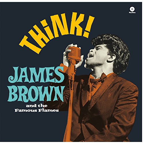 James Brown singing into a vintage microphone on album cover.