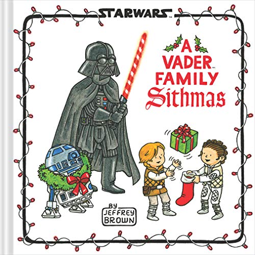 Darth Vader, R2-D2, and children with a gift, framed by holiday lights.