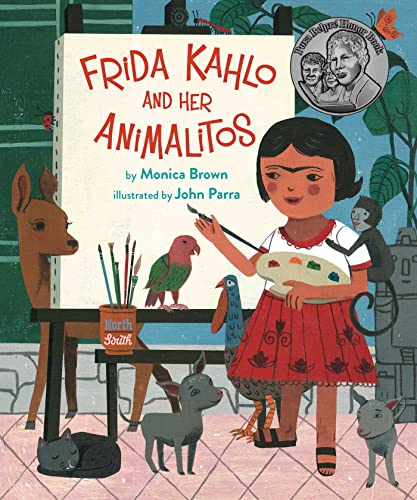 Book cover: Frida Kahlo with animals, painting, and colorful illustrations.