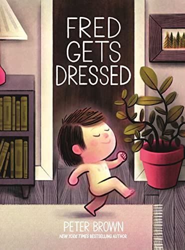 Book cover: a small boy running, trying to get dressed.