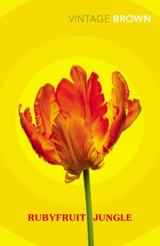 Book cover with orange-red tulip on yellow background, titled "Rubyfruit Jungle" in red text.