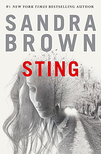 Book cover for "Sting" by Sandra Brown, featuring a woman’s face and a rural road.