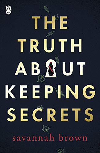 Book cover with gold text, a keyhole icon, and scattered leaves on dark background.