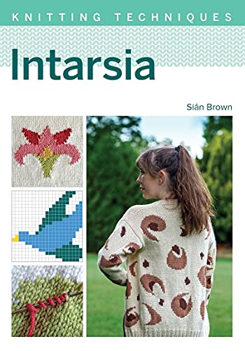 Book cover featuring intarsia knitting, a woman in a patterned sweater.