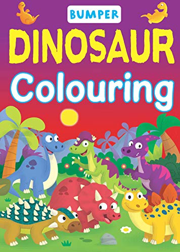 Colouring book cover with cartoon dinosaurs and tropical plants.