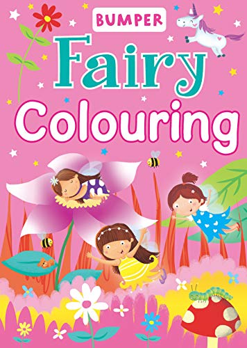 Fairy colouring book cover with illustrated fairies, flowers, and a unicorn.