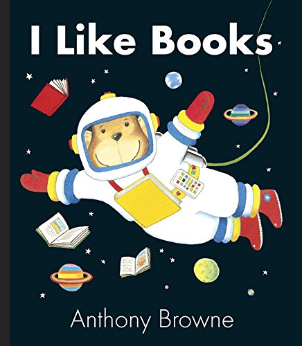 Book cover: bear astronaut reading in space, colorful illustration.
