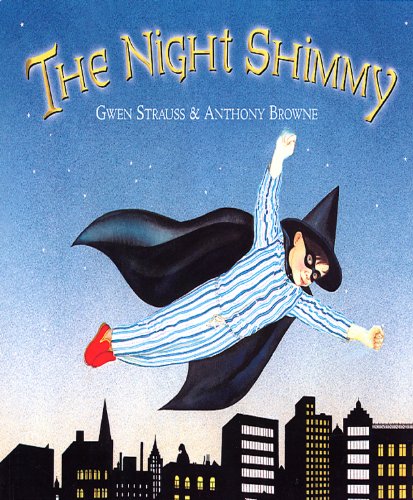 Boy in pajamas and cape flies over a silhouetted city.