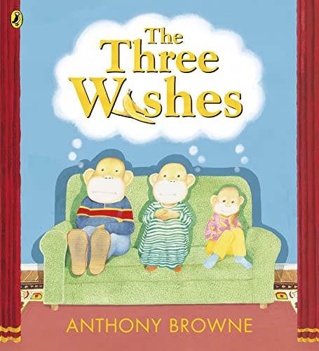 Book cover: "The Three Wishes" with three monkeys on a sofa.