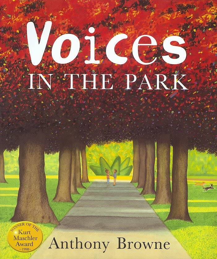 Book cover illustration featuring two children on a path under a canopy of trees.