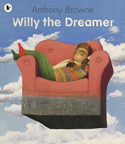 Chimpanzee Willy relaxes in a red armchair amongst fluffy clouds.