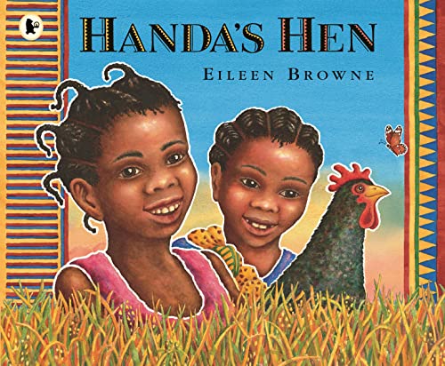 Two smiling children and a hen in a field on a book cover.