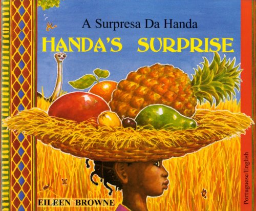 Book cover: girl carrying fruit on her head, Portuguese/English text.