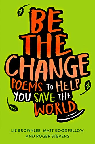 Book cover: "Be The Change" with orange lettering and leaf illustrations.