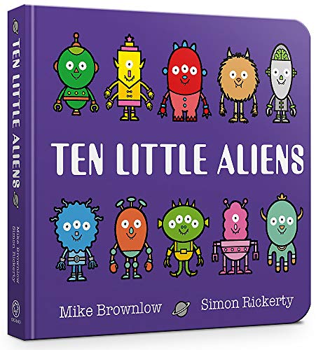Purple board book cover with ten colorful, cartoon-style alien characters.