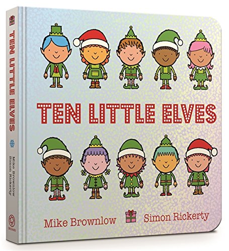 Board book cover with ten cartoon elves in green and red outfits.