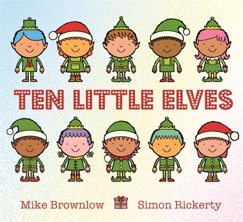 Book cover: ten diverse cartoon elves with red and green outfits.