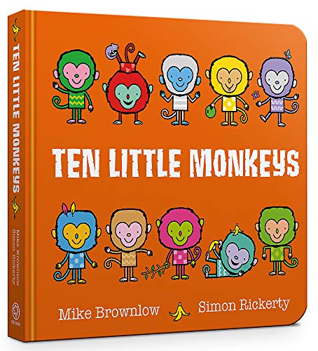 Orange board book cover with colorful cartoon monkeys and title.