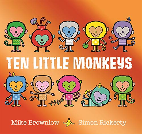 Cover of "Ten Little Monkeys" children’s book with colorful cartoon monkeys.