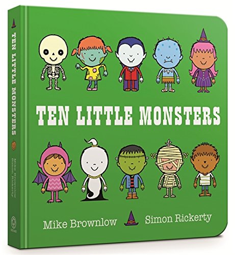 Green board book cover with ten colorful cartoon monsters illustrated.