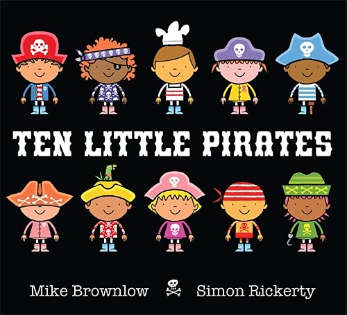 Book cover: ten diverse cartoon pirates with a parrot, black background.