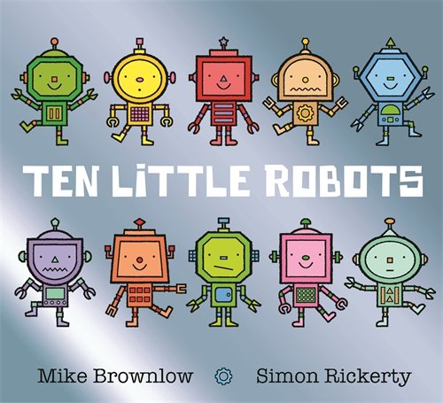 Colorful cartoon robots on the cover of a children’s book.