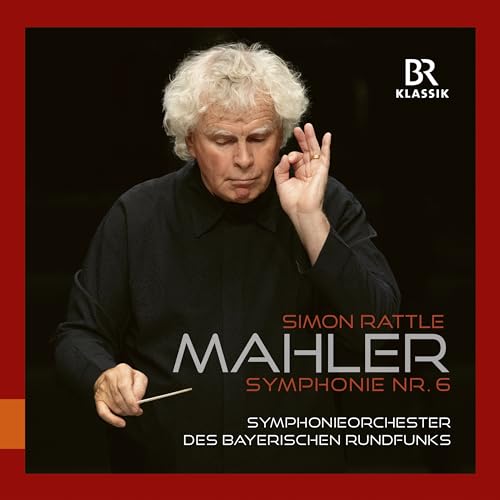Conductor Simon Rattle conducting with a baton on a red and black CD cover.
