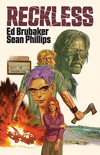 Comic book cover featuring four characters, a burning car, and ocean backdrop.